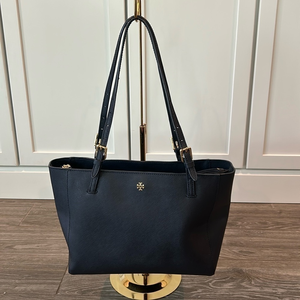 EUC Tory Burch York Buckle Tote Navy Purse Bag Saffiano Leather
